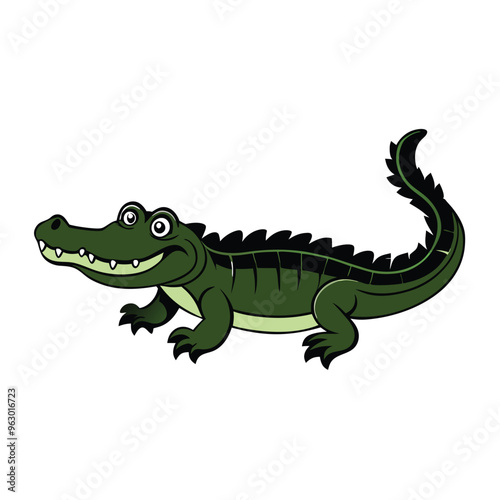 A crocodile with a mouth open and the word alligator, white background,