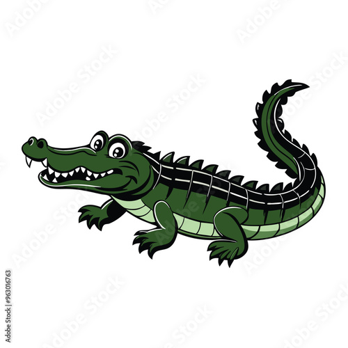 A crocodile with a mouth open and the word alligator, white background,
