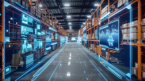 A visual of a warehouse with digital displays and sensors tracking real-time temperature and humidity levels for sensitive inventory