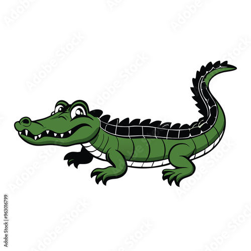A crocodile with a mouth open and the word alligator, white background,