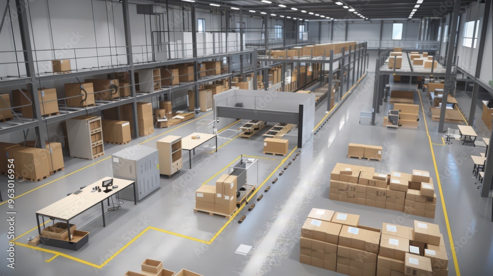A visual of a warehouse with ergonomic workstations and equipment designed to enhance worker comfort and productivity A visual of a warehouse with ergonomic workstations and equipment designed to enhance worker comfort and productivity