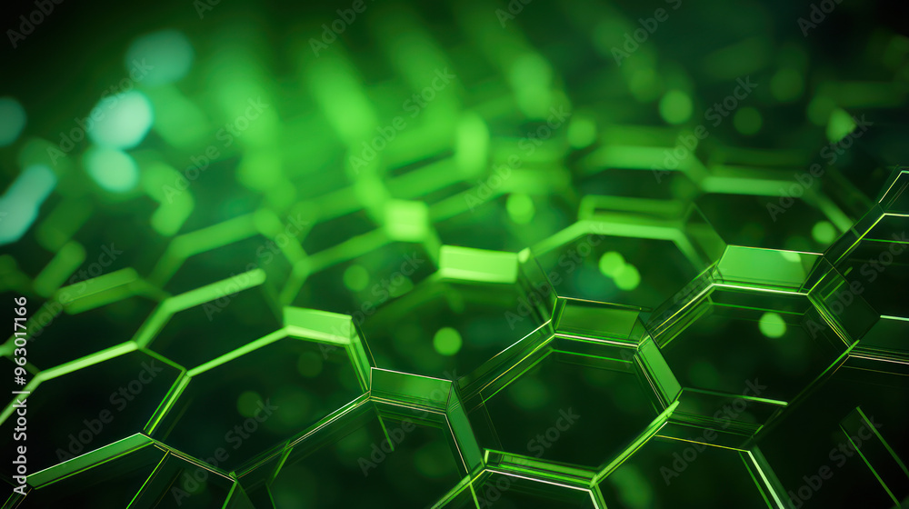 Green hexagon background. Honeycomb pattern made up of hexagonal shapes. Depth and three-dimensionality. Natural structures, tessellation in design, nanotechnology structures. Geometric wallpaper. Green hexagon background. Honeycomb pattern made up of hexagonal shapes. Depth and three-dimensionality. Natural structures, tessellation in design, nanotechnology structures. Geometric wallpaper.
