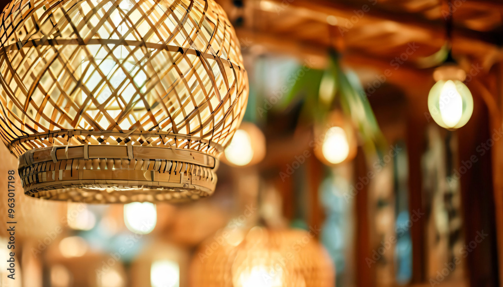 Obraz premium Closeup photo of bright hanging lamp with traditional woven bamboo or rattan wood cover Selective Focus Bokeh Background