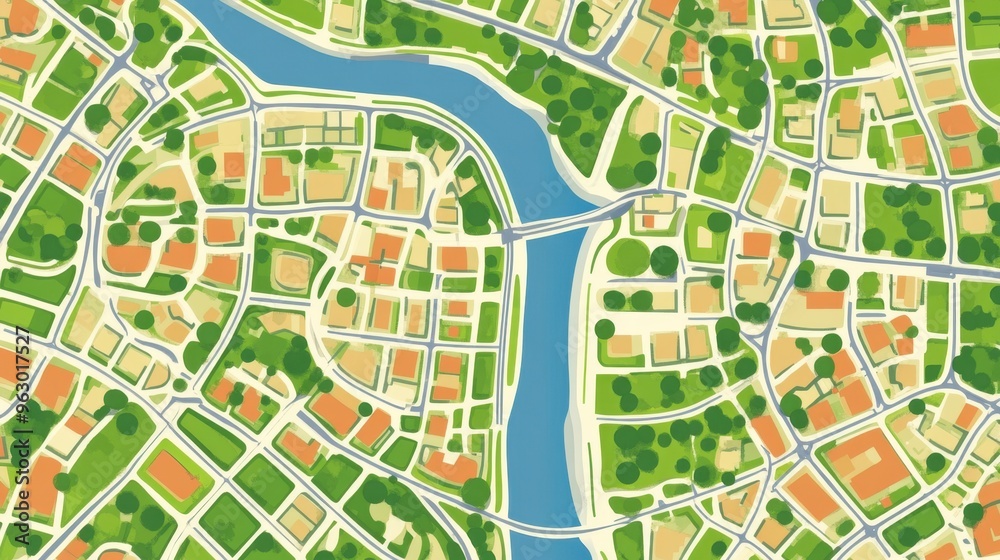 Fototapeta premium Detailed vector map of a generic city layout with streets, rivers, and buildings highlighted in contrasting colors.