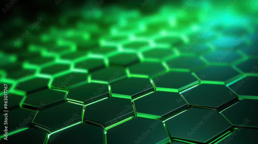 Green hexagon background. Honeycomb pattern made up of hexagonal shapes. Depth and three-dimensionality. Natural structures, tessellation in design, nanotechnology structures. Geometric wallpaper. Green hexagon background. Honeycomb pattern made up of hexagonal shapes. Depth and three-dimensionality. Natural structures, tessellation in design, nanotechnology structures. Geometric wallpaper.