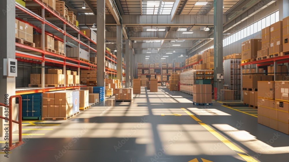 A warehouse with a shipping and receiving area, where goods are checked and processed before distribution. A warehouse with a shipping and receiving area, where goods are checked and processed before distribution.