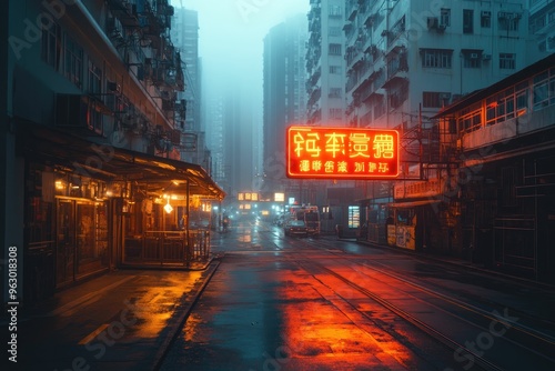 Neon-lit urban street shrouded in fog at night.