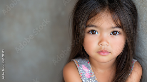 Portrait of a Cute Southeast Asian Girl with Long Hair in a Sleeveless Dress Against a Gray Wall with Copy Space on Left