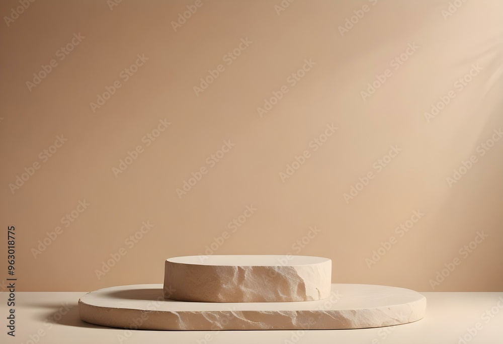 Fototapeta premium empty Stone podium with a smooth surface, accented, positioned on a beige brown background for beauty product branding, with a gentle light casting soft shadows.