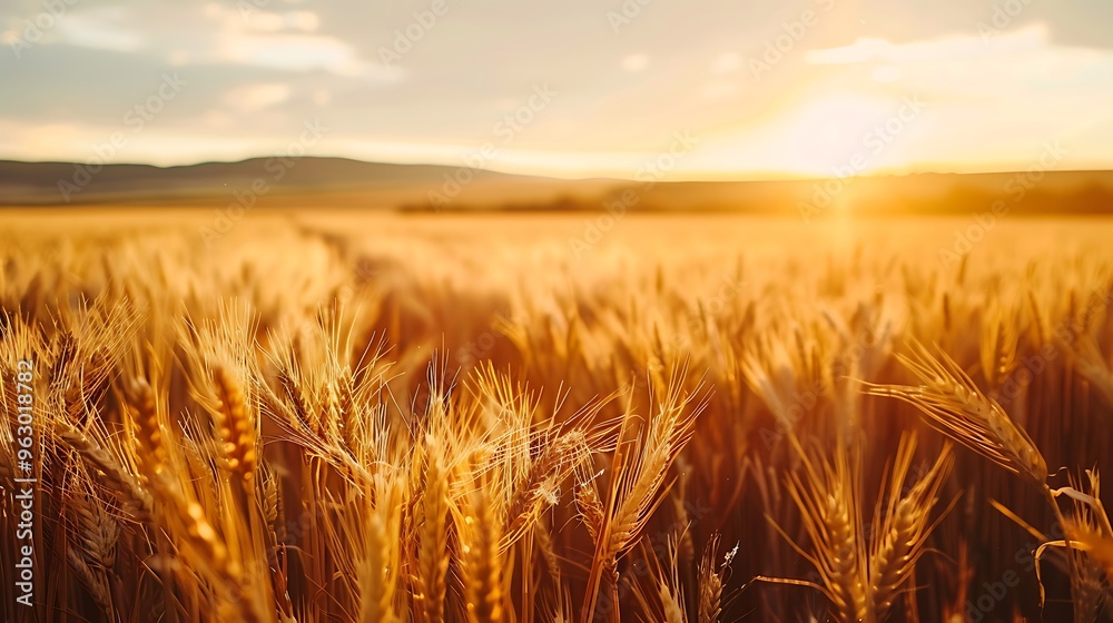 Beautiful view of golden wheat fields with Background of sunset shining through wheat stalks. Beautiful view of golden wheat fields with Background of sunset shining through wheat stalks.
