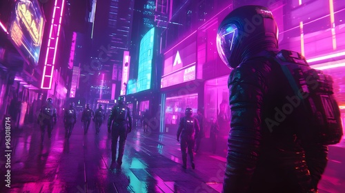 A retro-futuristic street scene with people in vintage space suits and neon-lit storefronts, ambient city lights casting colorful reflections on the pavement, creating a bustling and energetic