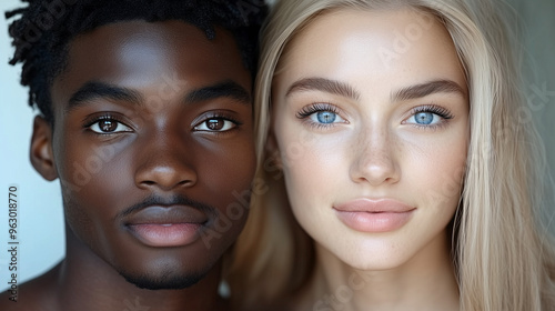 Modern Mixed Race Couple Portrait of Black Male and White Female: Celebrating Beauty and Diversity with Natural Looks, Clean Skin, and Minimal Makeup on a Neutral Background expressing diversity