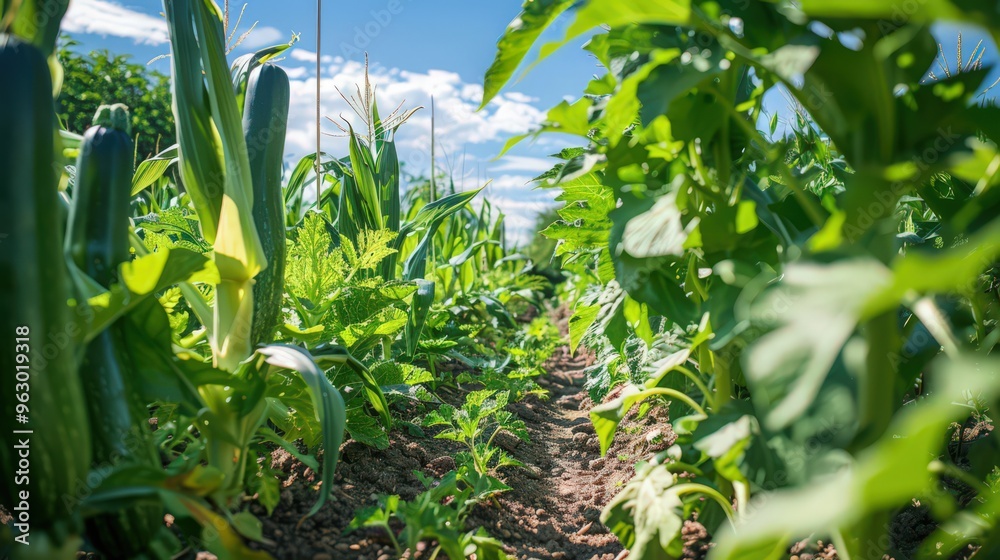 A well-cared-for vegetable garden with robust sweet corn, vibrant green beans, and fresh zucchini growing under the bright summer sky. A well-cared-for vegetable garden with robust sweet corn, vibrant green beans, and fresh zucchini growing under the bright summer sky.