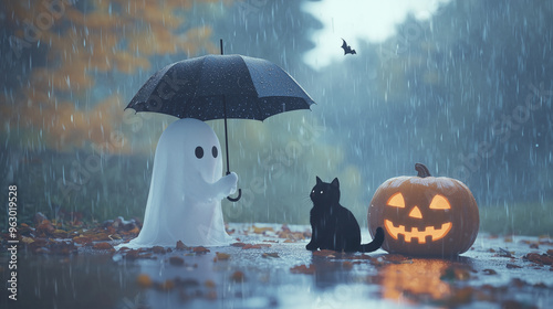 whimsical Halloween scene featuring a cute ghost holding an umbrella in the rain, with a black cat sitting beside him and a carved pumpkin on the ground. Perfect for visuals highli photo