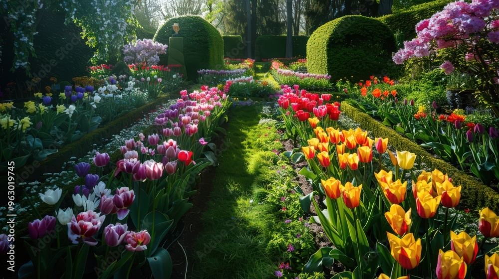 A well-tended flower garden with an array of colorful tulips, vibrant dahlias, and fragrant lilies, bordered by neatly trimmed hedges.