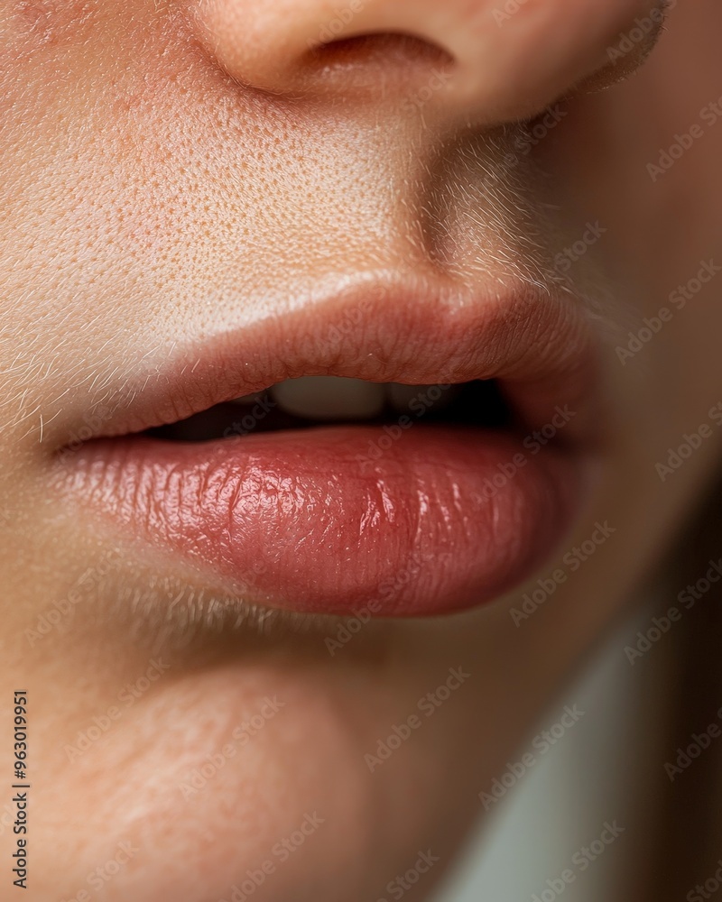 Fototapeta premium A woman's lips are red and she has a small gap between them