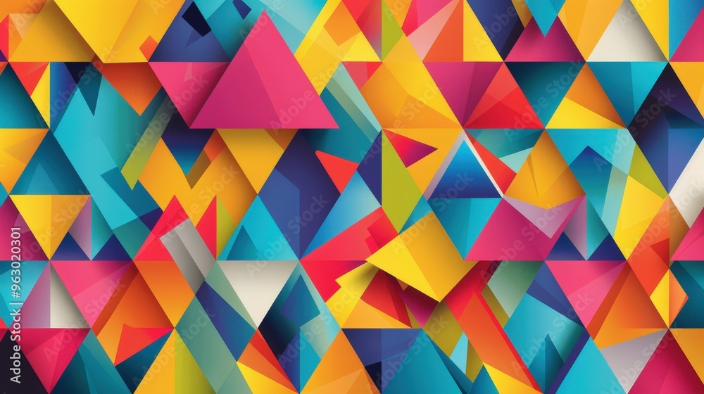 Captivating abstract background highlighting an arrangement of overlapping triangles in vibrant, contrasting hues, resulting in a playful and dynamic image. Captivating abstract background highlighting an arrangement of overlapping triangles in vibrant, contrasting hues, resulting in a playful and dynamic image.