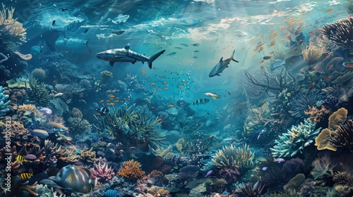 Artistic representation of a marine ecosystem, highlighting coral reefs, fish species