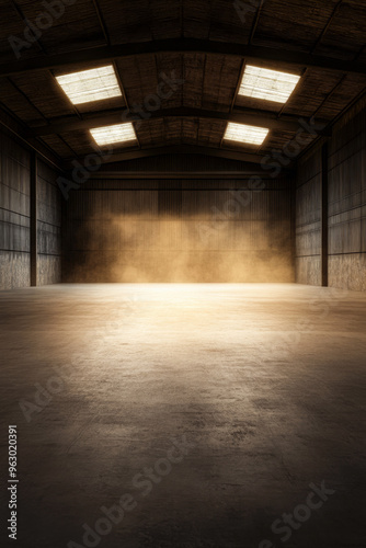 Empty industrial warehouse with concrete walls and overhead lighting. Commercial Real Estate interiors with copyspace.