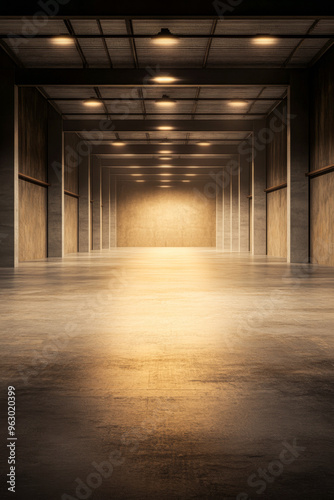 Empty industrial warehouse with concrete walls and overhead lighting. Commercial Real Estate interiors with copyspace.