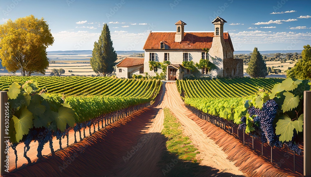 Obraz premium Rural French Vineyard with Farmhouse and Ripe Grapes