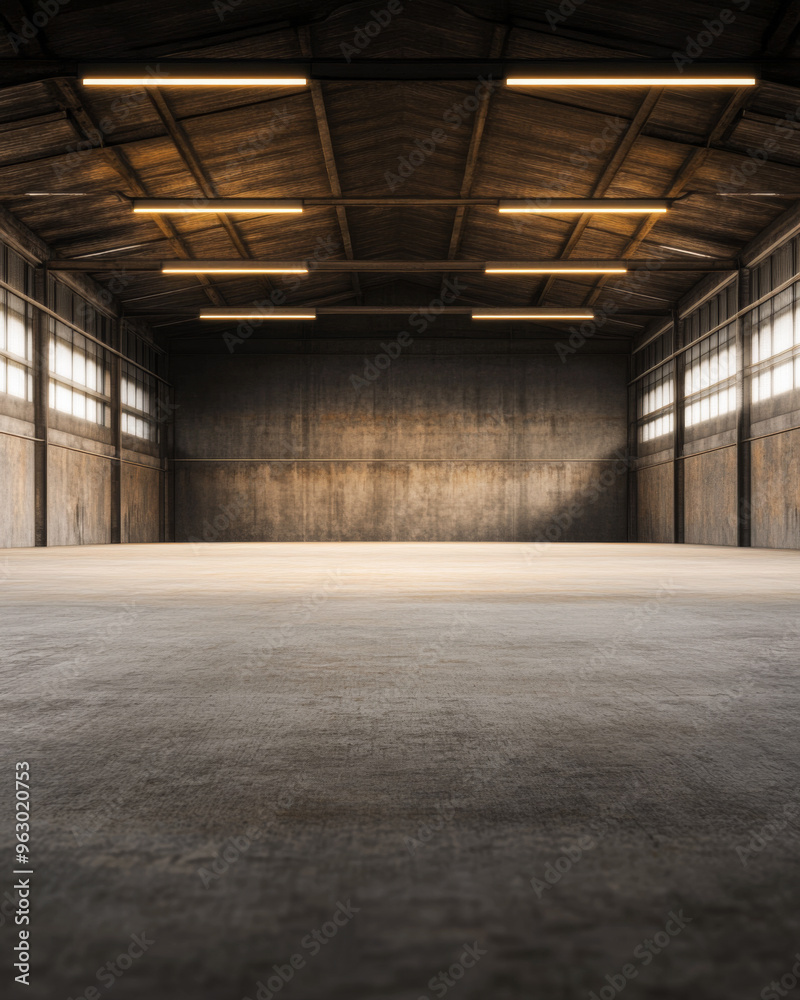 Empty industrial warehouse with concrete walls and overhead lighting. Commercial Real Estate interiors with copyspace. Empty industrial warehouse with concrete walls and overhead lighting. Commercial Real Estate interiors with copyspace.