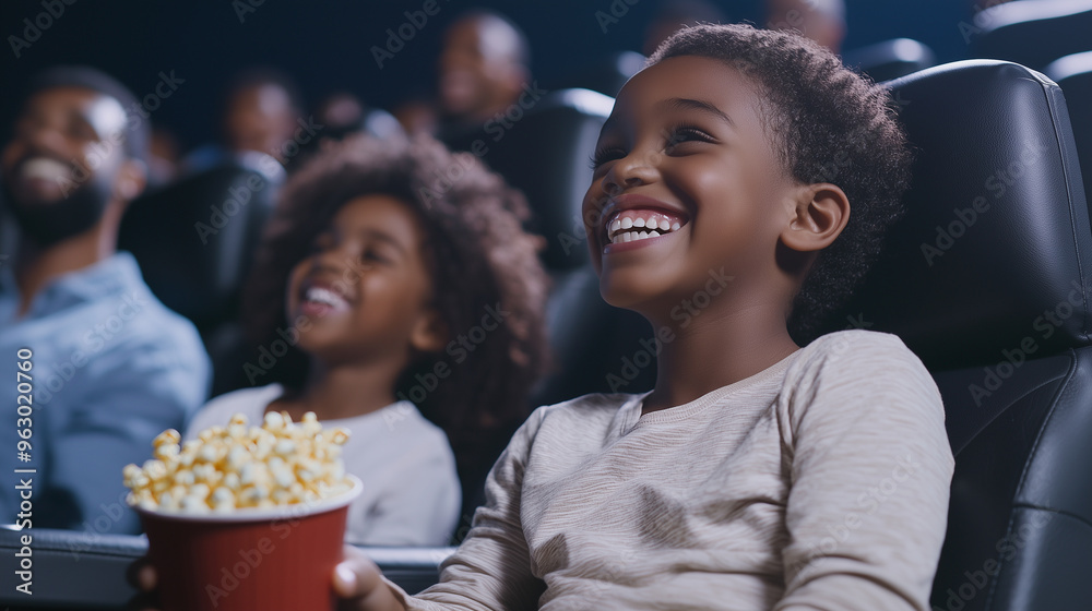 Joyful Cinema Experience: Happy Family with a Kid Laughing and Enjoying a Funny Movie, Sharing Popcorn. photo