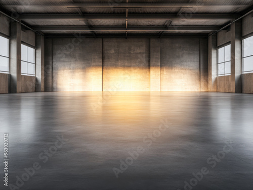 Empty industrial warehouse with concrete walls and overhead lighting. Commercial Real Estate interiors with copyspace.