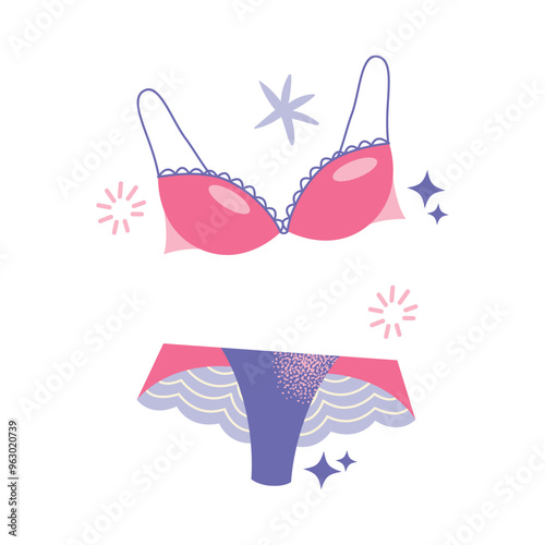 Set of women lingerie. Collection of elegant and sexy nightwear sets. Colorful vector illustration of trendy female underwear bra and panty  isolated on white background