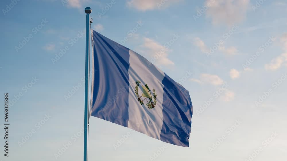 Guatemala Guatemala City Flag Cinematic Realistic Waving Zoom Dolly Out Blue Sky