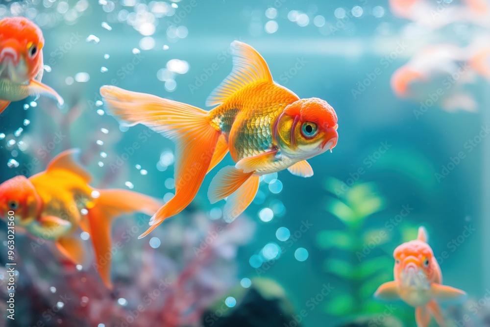 Goldfish swim in large aquarium with orange and yellow hues. Orange fish near top, others at bottom. Light blue background contrasts with water. Aquatic scene with Oranda goldfish in tank. Goldfish swim in large aquarium with orange and yellow hues. Orange fish near top, others at bottom. Light blue background contrasts with water. Aquatic scene with Oranda goldfish in tank.
