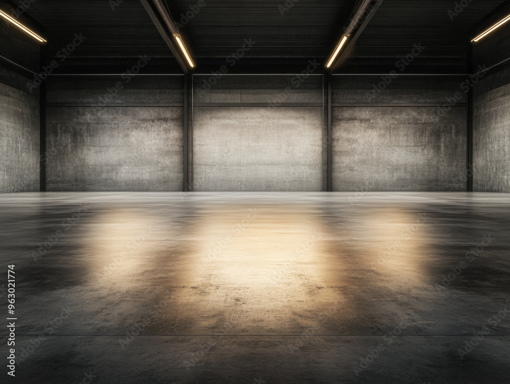 Empty industrial warehouse with concrete walls and overhead lighting. Commercial Real Estate interiors with copyspace. Empty industrial warehouse with concrete walls and overhead lighting. Commercial Real Estate interiors with copyspace.