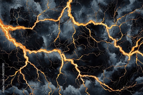Dramatic fiery lightning bolts on dark stormy sky background
