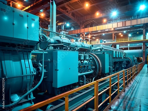Massive Electric Generators and Transformers Powering an Industrial Factory with Visible Electric Currents and Machinery