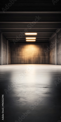 Empty industrial warehouse with concrete walls and overhead lighting. Commercial Real Estate interiors with copyspace.