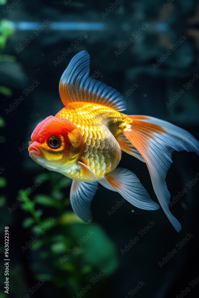 Goldfish swims in dark blue aquarium surrounded by green plants. Vibrant orange head and blue body create sense of movement. Perfect for aquatic or eco-themed designs. Goldfish swims in dark blue aquarium surrounded by green plants. Vibrant orange head and blue body create sense of movement. Perfect for aquatic or eco-themed designs.