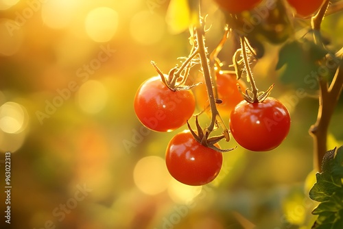 Branch of cherry tomatoes growing under golden sunlight photo