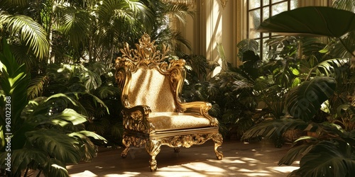 Golden throne chair surrounded by lush greenery. photo