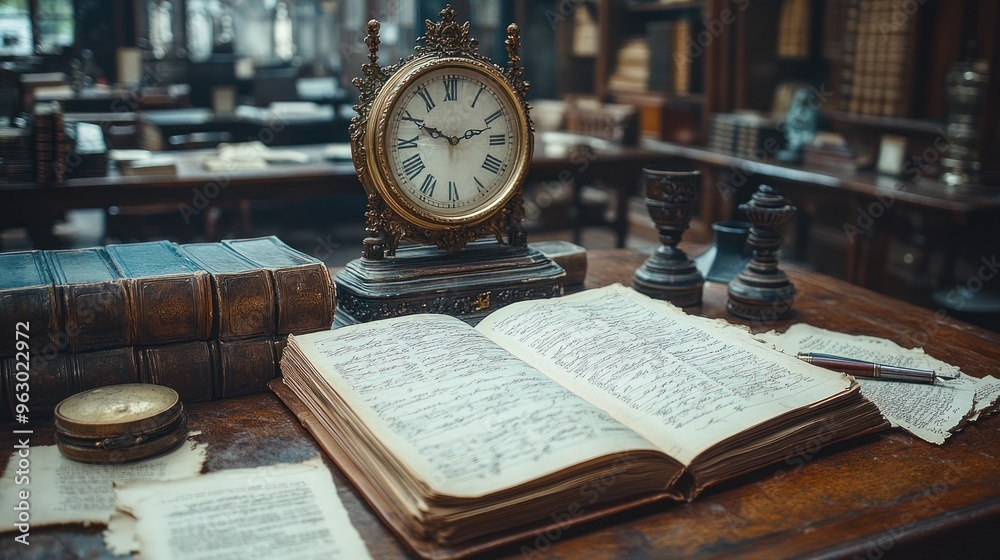 Antique Clock and Open Book on a Wooden Desk Antique Clock and Open Book on a Wooden Desk