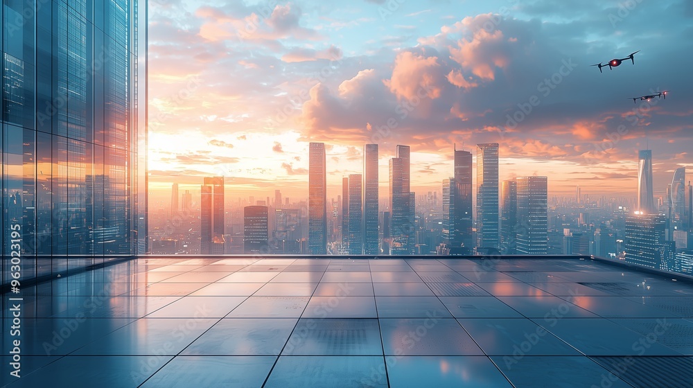 High-tech city skyline at sunset with flying drones and reflective skyscrapers, viewed from a sleek modern platform. High-tech city skyline at sunset with flying drones and reflective skyscrapers, viewed from a sleek modern platform.