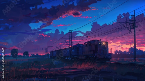 Visualize a cargo train at dusk, with the sky transitioning to deep blues and purples as the train makes its way through a rural area