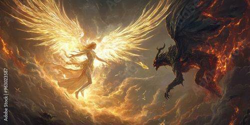 Angelic woman and demonic creature face off in sky.
