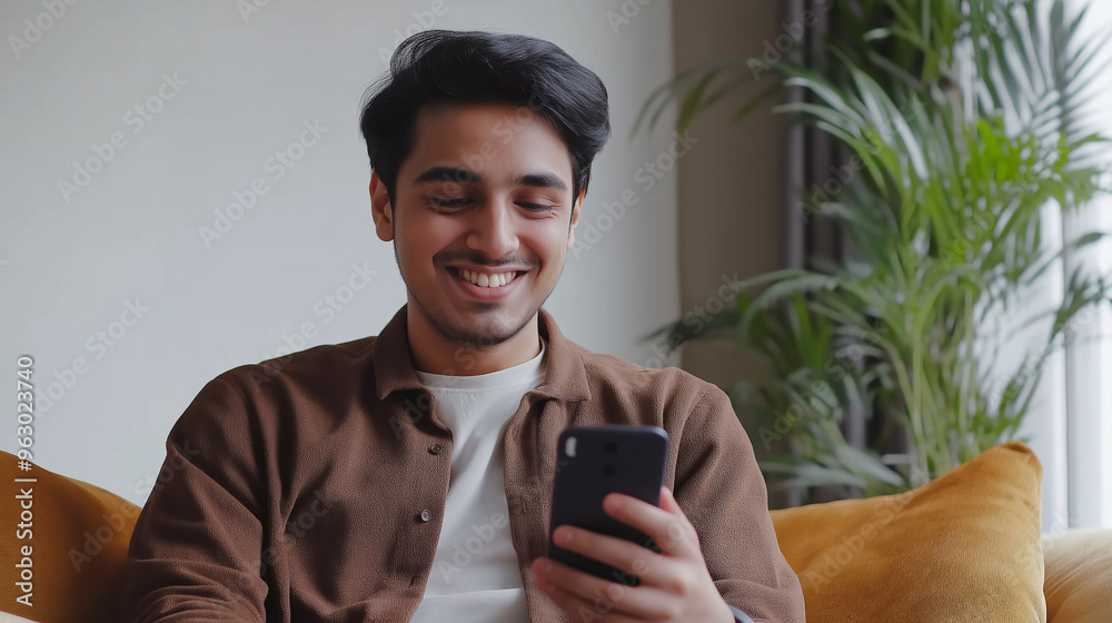 Fototapeta premium indian man sitting on sofa at home and looking at mobile phone,
