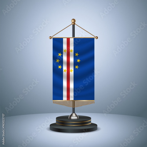Cape Verde Vertical table flag with golden pole  on dark  gradient background
