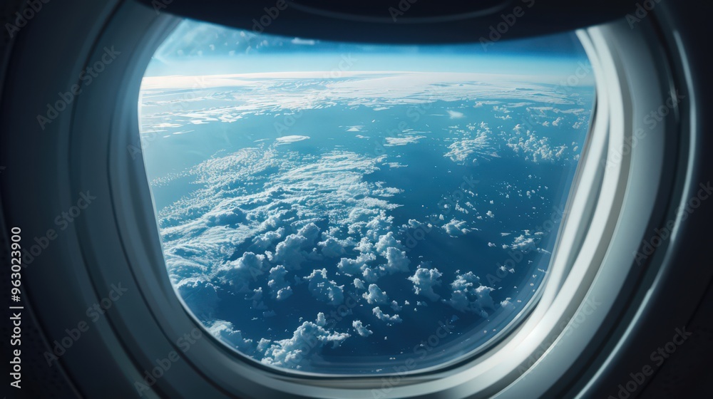 Visualize a commercial airplane crossing the equator, with the Earth's curvature and varying climates visible from the window Visualize a commercial airplane crossing the equator, with the Earth's curvature and varying climates visible from the window