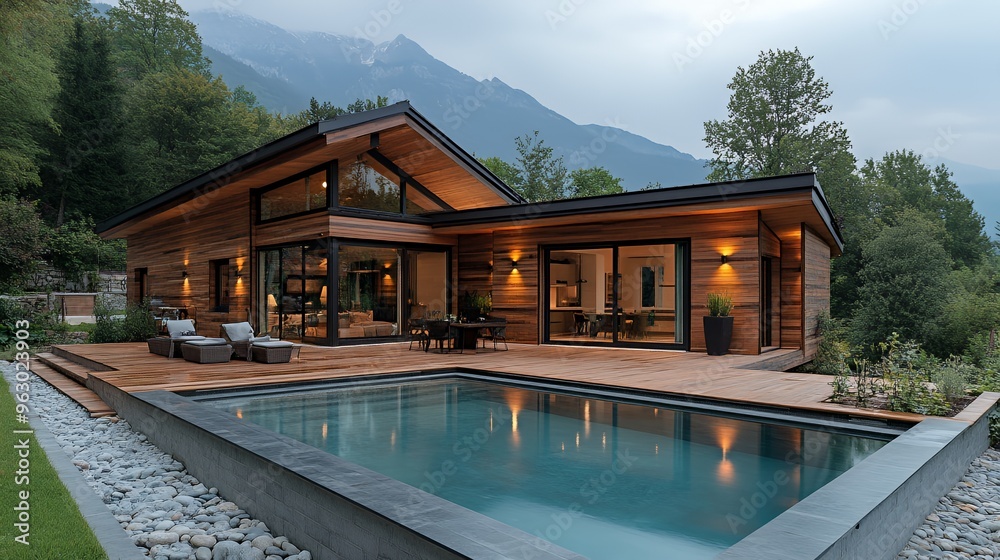Modern wooden house with a swimming pool and mountain views. Modern wooden house with a swimming pool and mountain views.