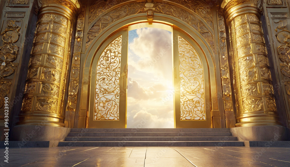 Obraz premium A majestic golden gate adorned with intricate designs opens towards a radiant, glowing sky, with sunlight breaking through the clouds in the background.