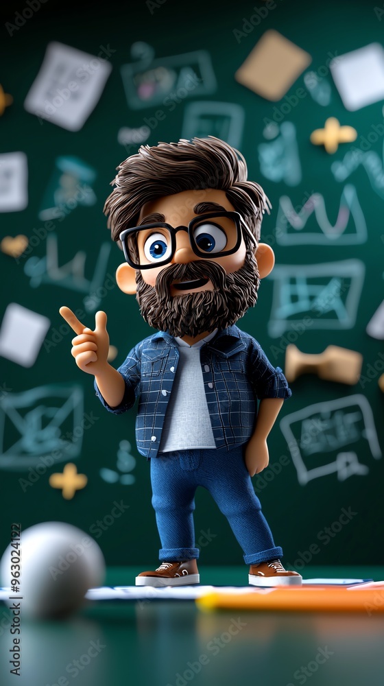 A cheerful cartoon character with glasses and a beard, standing in front of a creative chalkboard filled with doodles. A cheerful cartoon character with glasses and a beard, standing in front of a creative chalkboard filled with doodles.