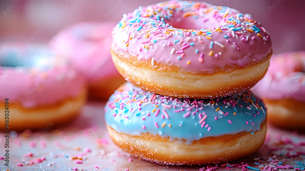 Three donuts topped with blue icing and sprinkles on a table. Three donuts topped with blue icing and sprinkles on a table.