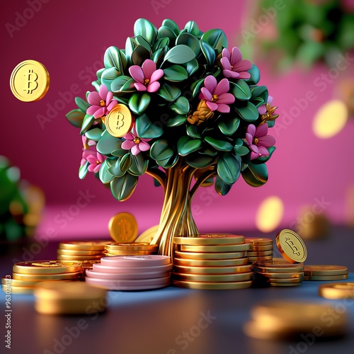 A vibrant tree adorned with flowers, surrounded by golden coins, symbolizing wealth and prosperity in a digital age. photo